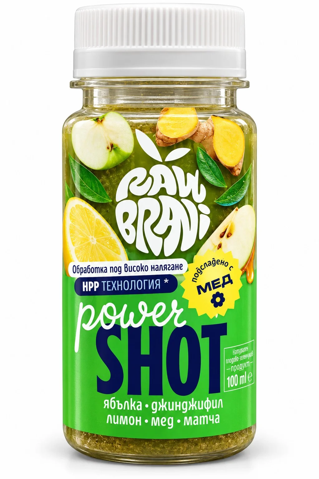 Шот Detox ябълка, джинджифил, матча и мед 0,100 Raw Brani