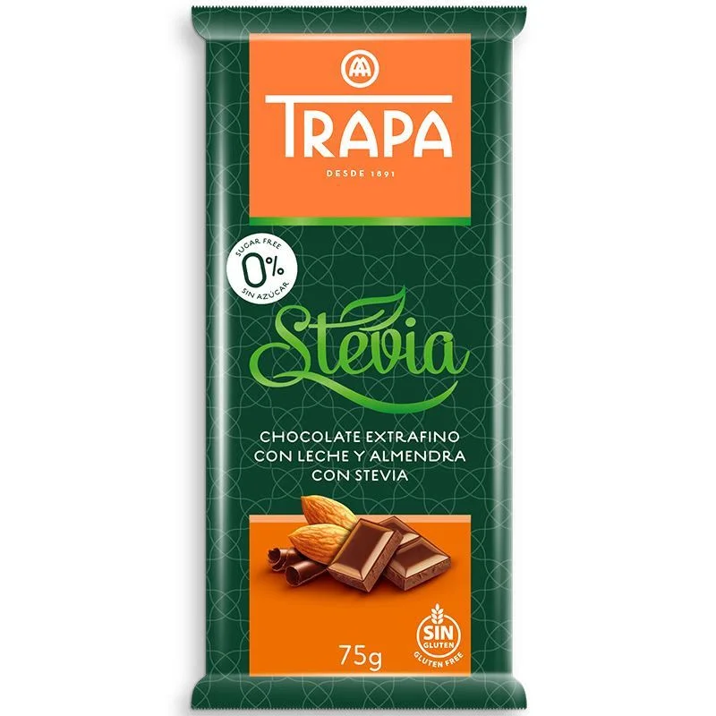 Шоколад Трапа млечен с бадеми и стевия 0.075