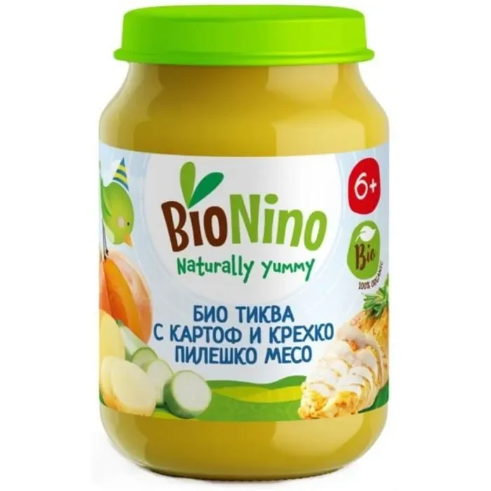 БИО пюре тиква, картоф, тиквичка пилешко месо 6+ 0,190 BioNino