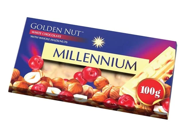 Шоколад Бял с лешници и червена боровинка Millennium 0,100 Golden Nut