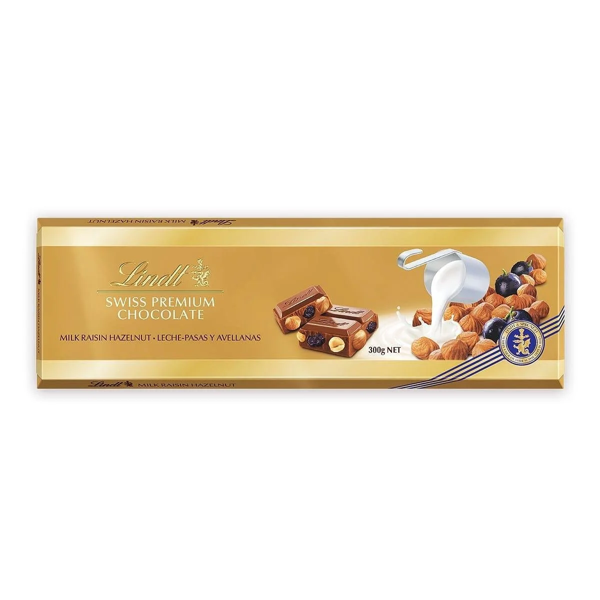 Шоколад Линдт млечен със стафиди, лешници и бадеми 0.300 Gold